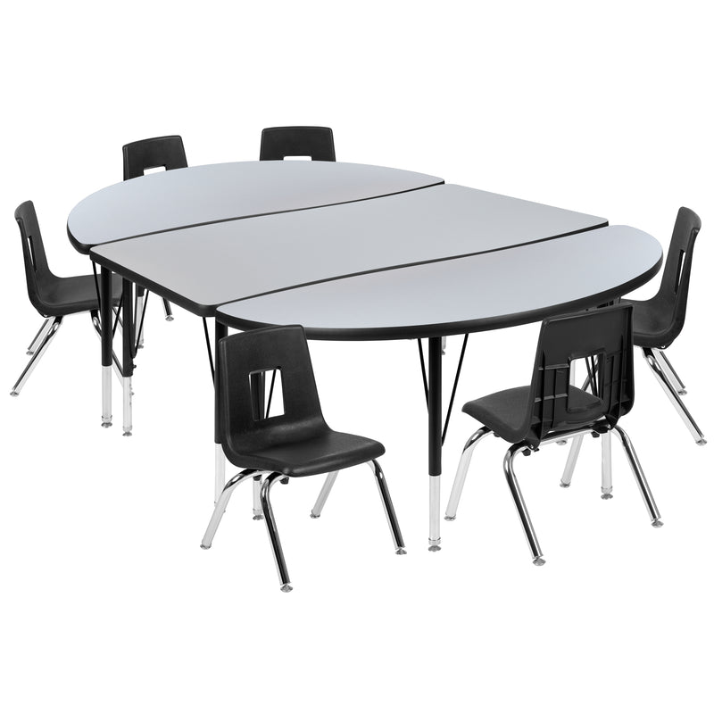 76" Oval Wave Flexible Laminate Activity Table Set with 14" Student Stack Chairs, Grey/Black