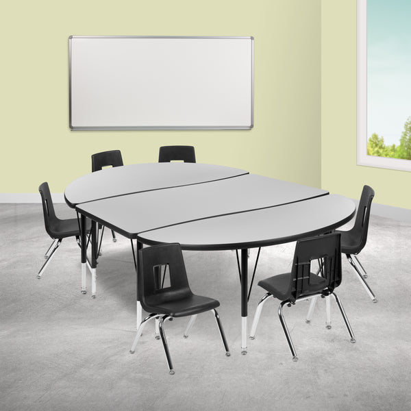 76" Oval Wave Flexible Laminate Activity Table Set with 14" Student Stack Chairs, Grey/Black