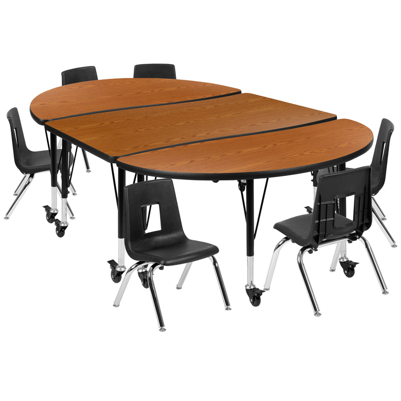 Mobile 76" Oval Wave Flexible Laminate Activity Table Set with 14" Student Stack Chairs, Oak/Black