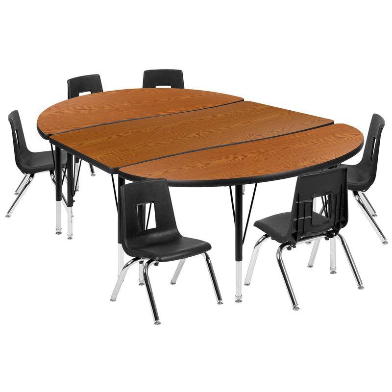 76" Oval Wave Flexible Laminate Activity Table Set with 14" Student Stack Chairs, Oak/Black