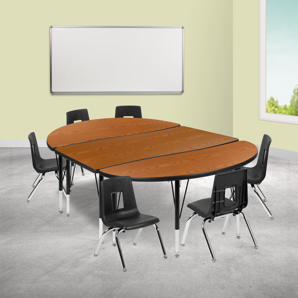 76" Oval Wave Flexible Laminate Activity Table Set with 14" Student Stack Chairs, Oak/Black