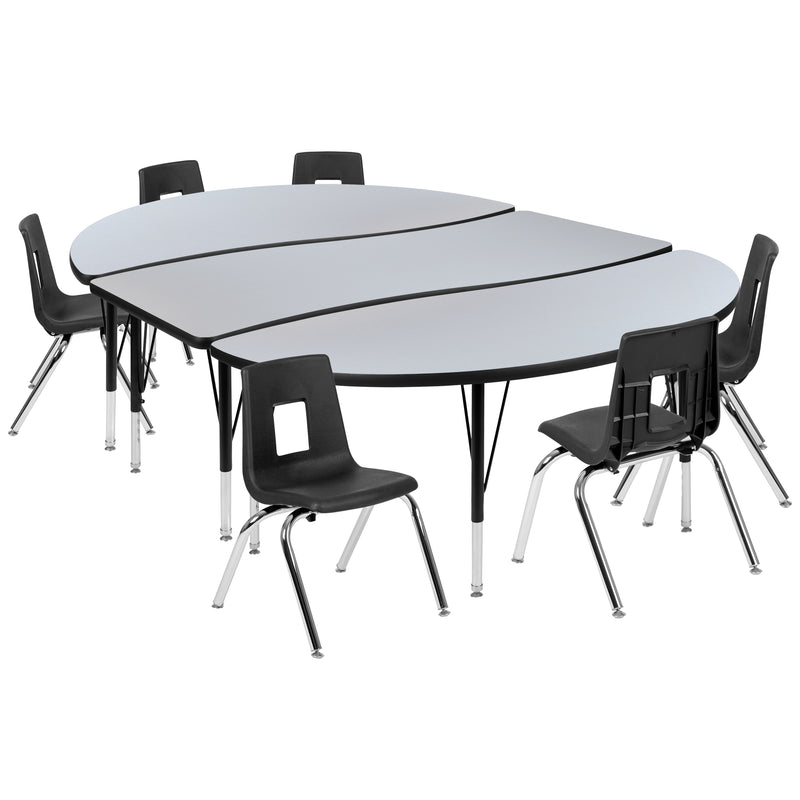 86" Oval Wave Flexible Laminate Activity Table Set with 14" Student Stack Chairs, Grey/Black