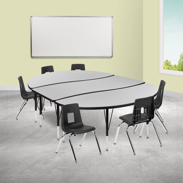 86" Oval Wave Flexible Laminate Activity Table Set with 14" Student Stack Chairs, Grey/Black