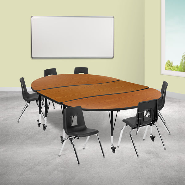 Mobile 86" Oval Wave Flexible Laminate Activity Table Set with 14" Student Stack Chairs, Oak/Black