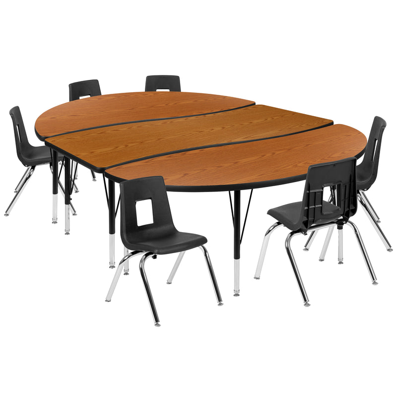 86" Oval Wave Flexible Laminate Activity Table Set with 14" Student Stack Chairs, Oak/Black