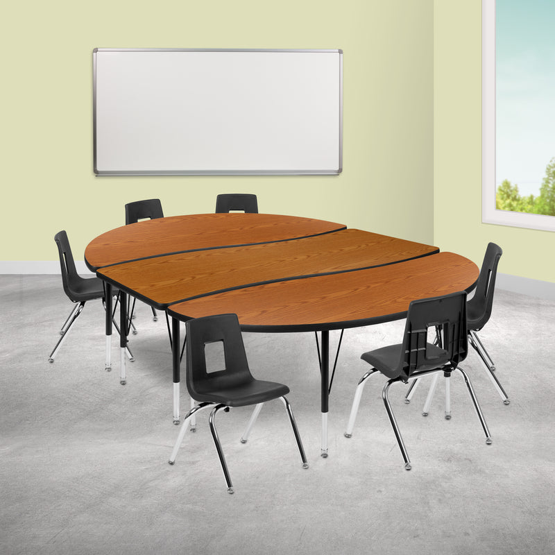 86" Oval Wave Flexible Laminate Activity Table Set with 14" Student Stack Chairs, Oak/Black