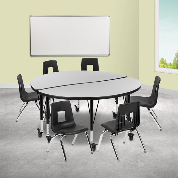 Mobile 47.5" Circle Wave Flexible Laminate Activity Table Set with 14" Student Stack Chairs, Grey/Black