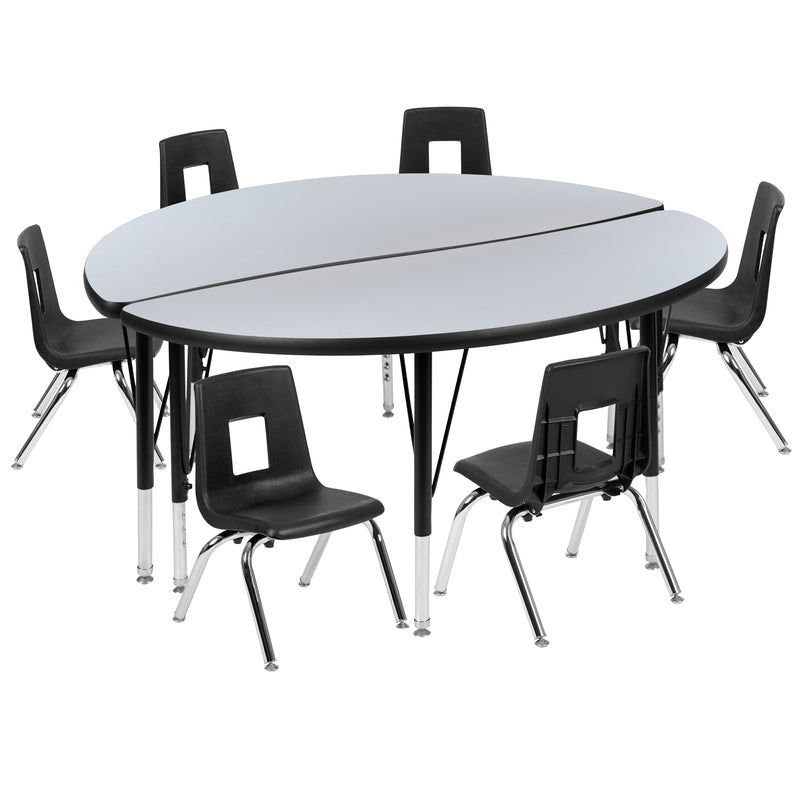 47.5" Circle Wave Flexible Laminate Activity Table Set with 14" Student Stack Chairs, Grey/Black