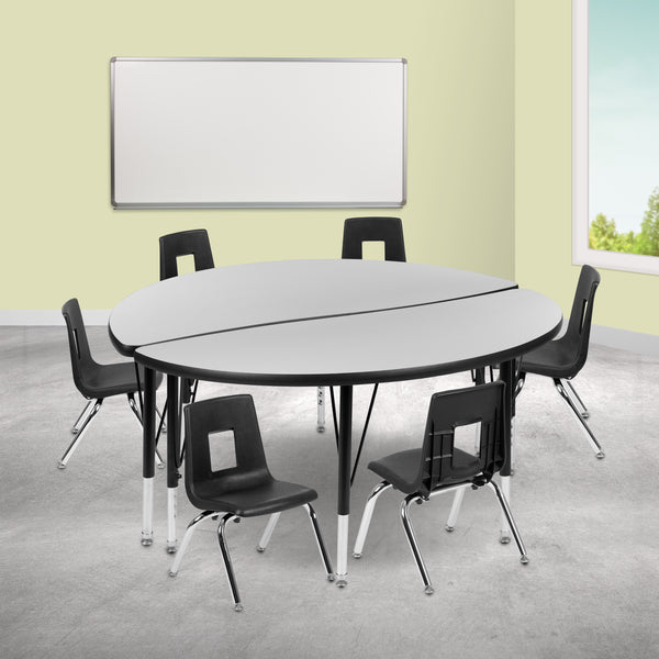 47.5" Circle Wave Flexible Laminate Activity Table Set with 14" Student Stack Chairs, Grey/Black