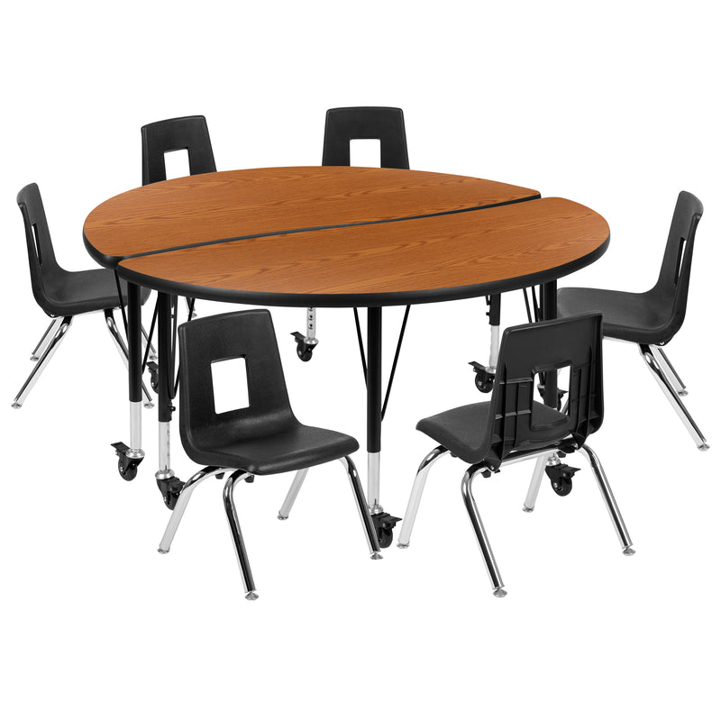 Mobile 47.5" Circle Wave Flexible Laminate Activity Table Set with 14" Student Stack Chairs, Oak/Black