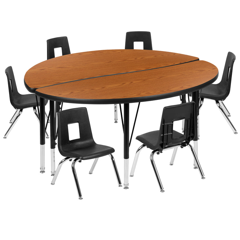 47.5" Circle Wave Flexible Laminate Activity Table Set with 14" Student Stack Chairs, Oak/Black