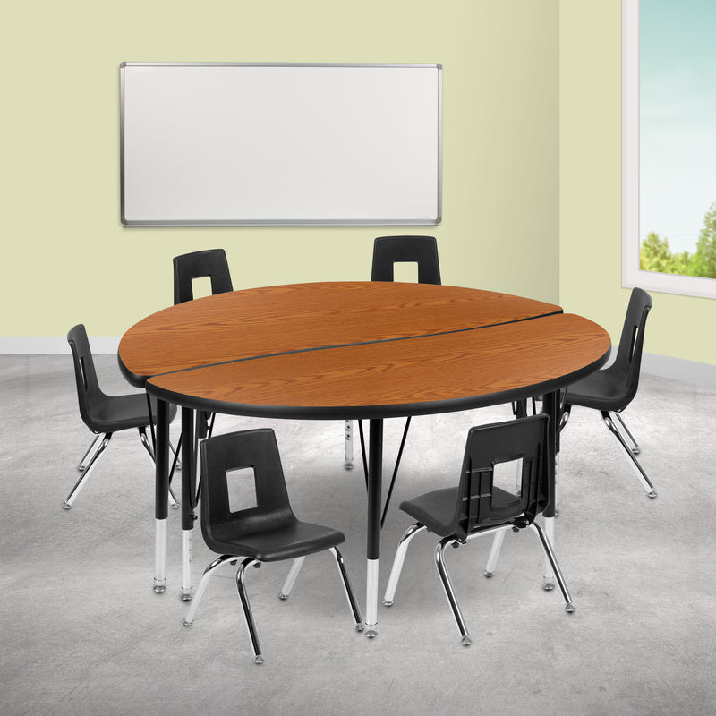 47.5" Circle Wave Flexible Laminate Activity Table Set with 14" Student Stack Chairs, Oak/Black