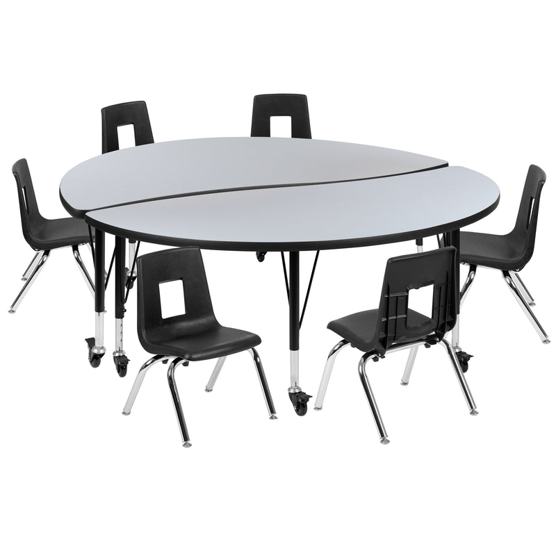 Mobile 60" Circle Wave Flexible Laminate Activity Table Set with 14" Student Stack Chairs, Grey/Black