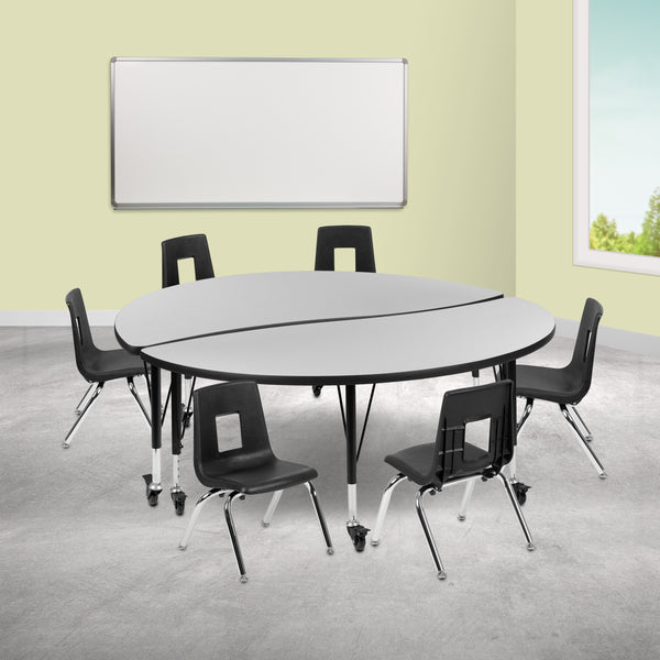 Mobile 60" Circle Wave Flexible Laminate Activity Table Set with 14" Student Stack Chairs, Grey/Black
