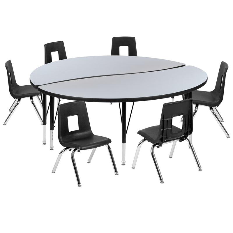 60" Circle Wave Flexible Laminate Activity Table Set with 14" Student Stack Chairs, Grey/Black