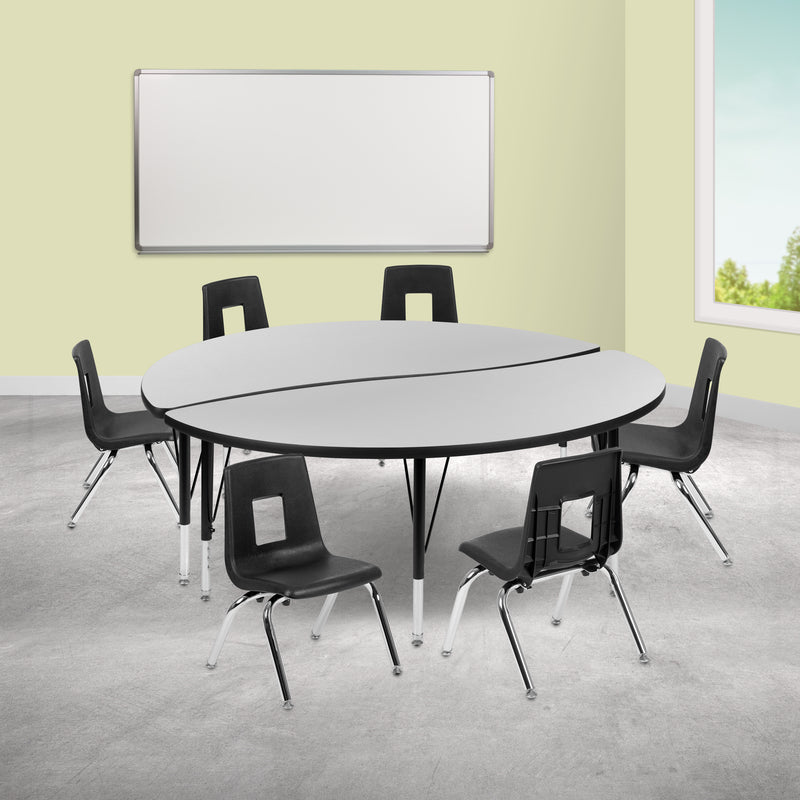 60" Circle Wave Flexible Laminate Activity Table Set with 14" Student Stack Chairs, Grey/Black