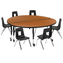 Mobile 60" Circle Wave Flexible Laminate Activity Table Set with 14" Student Stack Chairs, Oak/Black