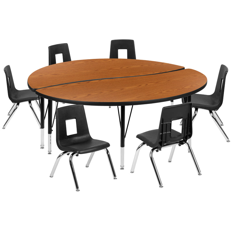 60" Circle Wave Flexible Laminate Activity Table Set with 14" Student Stack Chairs, Oak/Black