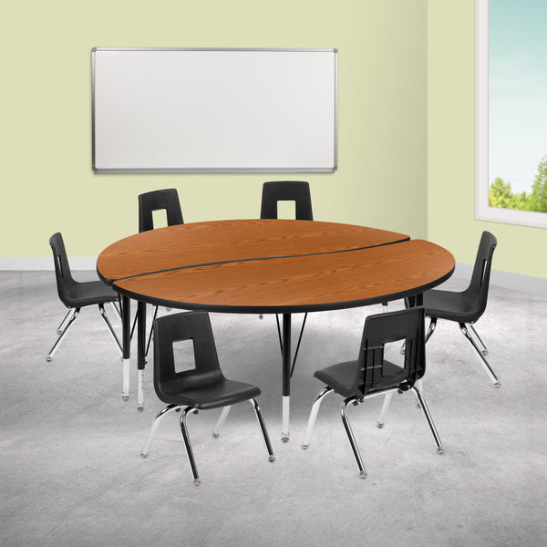 60" Circle Wave Flexible Laminate Activity Table Set with 14" Student Stack Chairs, Oak/Black