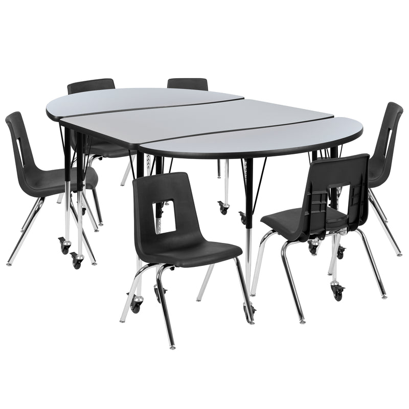 Mobile 76" Oval Wave Flexible Laminate Activity Table Set with 16" Student Stack Chairs, Grey/Black