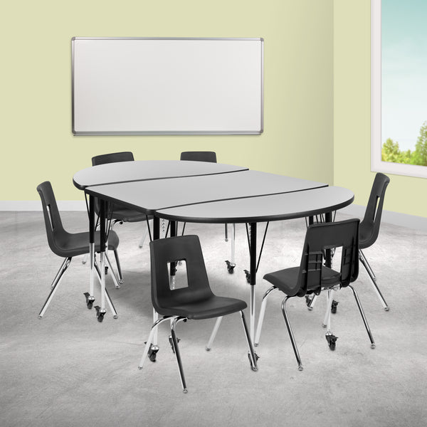 Mobile 76" Oval Wave Flexible Laminate Activity Table Set with 16" Student Stack Chairs, Grey/Black