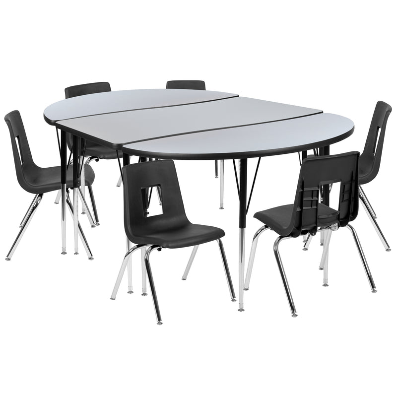 76" Oval Wave Flexible Laminate Activity Table Set with 16" Student Stack Chairs, Grey/Black