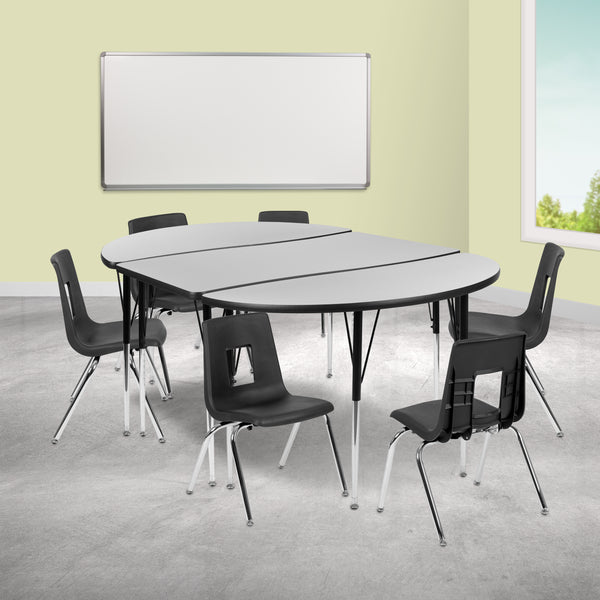 76" Oval Wave Flexible Laminate Activity Table Set with 16" Student Stack Chairs, Grey/Black