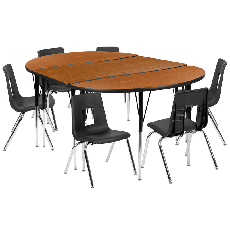 76" Oval Wave Flexible Laminate Activity Table Set with 16" Student Stack Chairs, Oak/Black