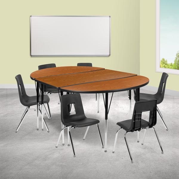 76" Oval Wave Flexible Laminate Activity Table Set with 16" Student Stack Chairs, Oak/Black