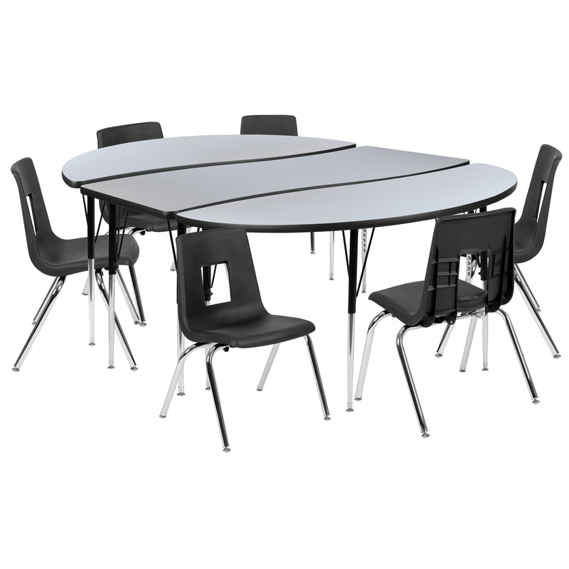 86" Oval Wave Flexible Laminate Activity Table Set with 16" Student Stack Chairs, Grey/Black