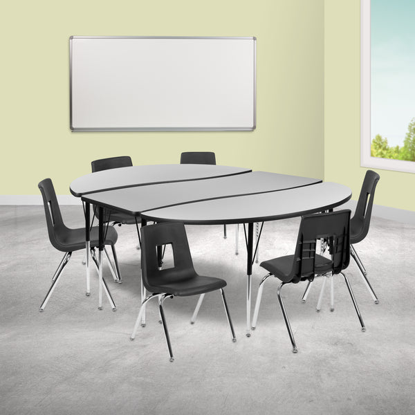 86" Oval Wave Flexible Laminate Activity Table Set with 16" Student Stack Chairs, Grey/Black