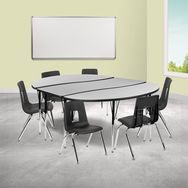 86" Oval Wave Flexible Laminate Activity Table Set with 16" Student Stack Chairs, Grey/Black