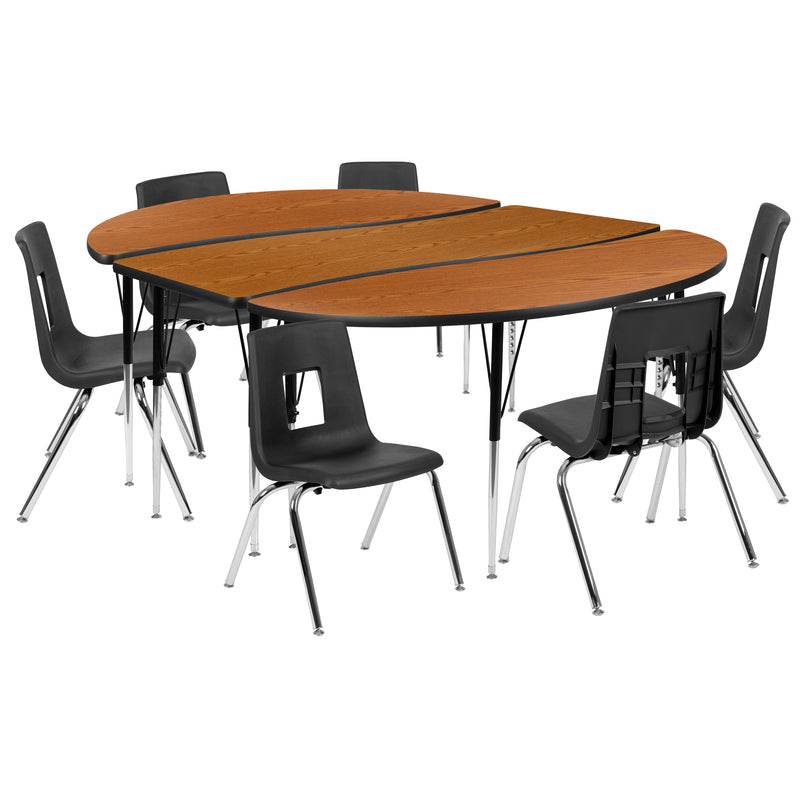 86" Oval Wave Flexible Laminate Activity Table Set with 16" Student Stack Chairs, Oak/Black