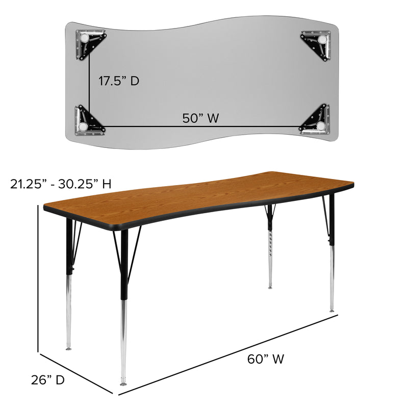 86" Oval Wave Flexible Laminate Activity Table Set with 16" Student Stack Chairs, Oak/Black