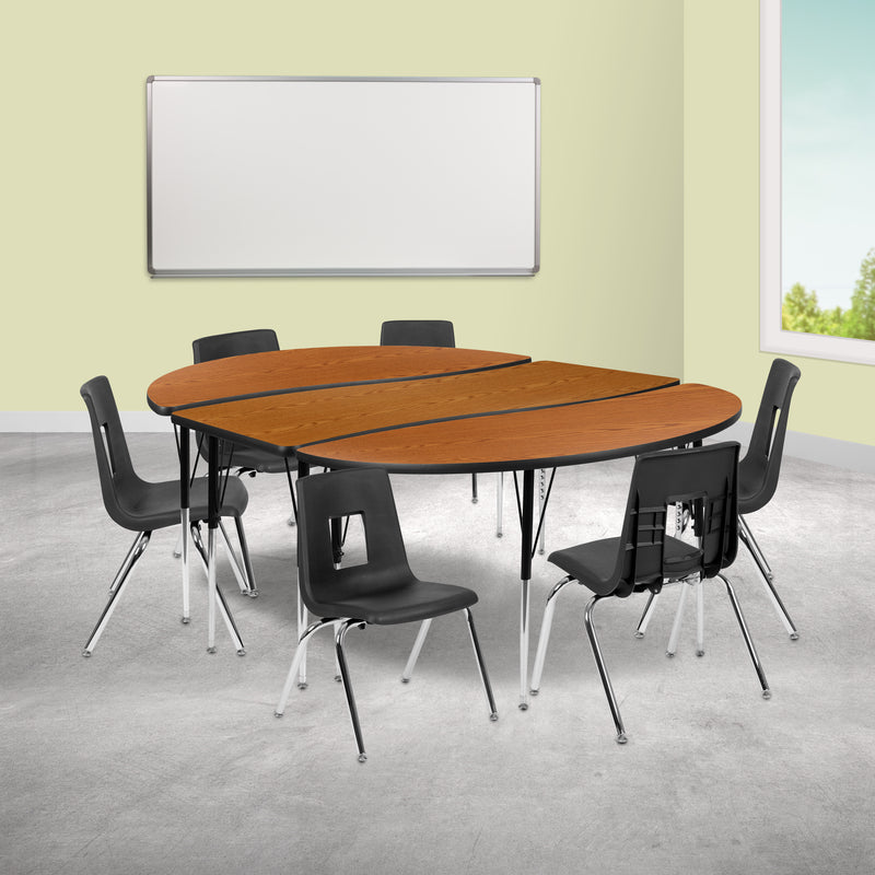 86" Oval Wave Flexible Laminate Activity Table Set with 16" Student Stack Chairs, Oak/Black