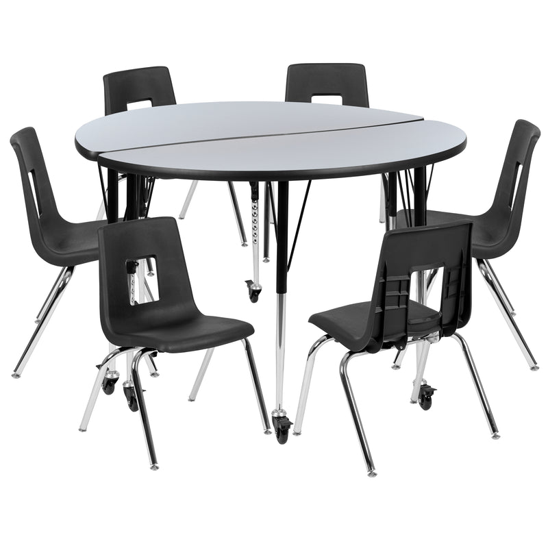 Mobile 47.5" Circle Wave Flexible Laminate Activity Table Set with 16" Student Stack Chairs, Grey/Black