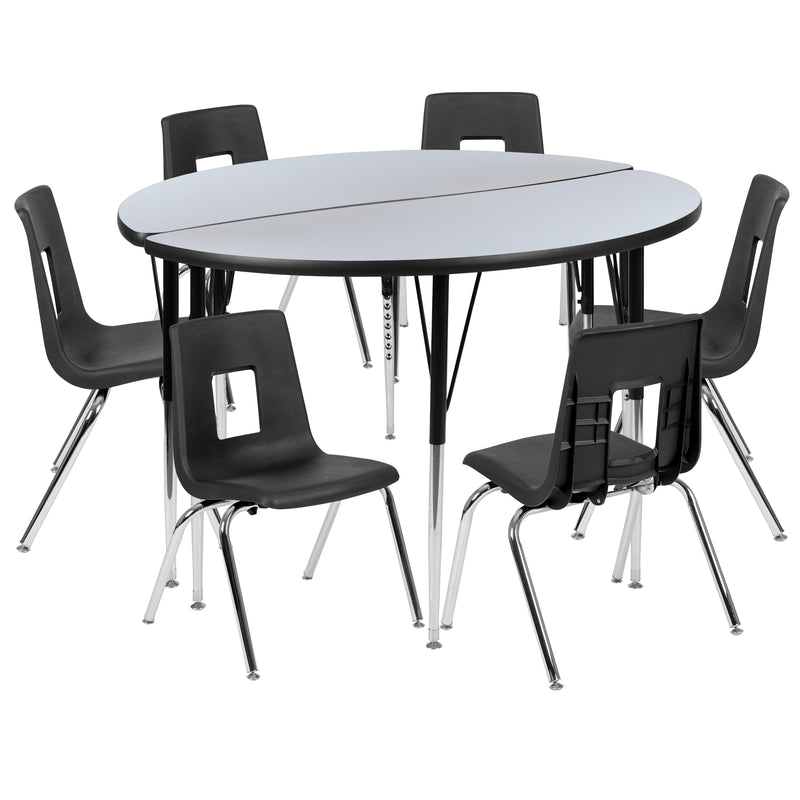 47.5" Circle Wave Flexible Laminate Activity Table Set with 16" Student Stack Chairs, Grey/Black