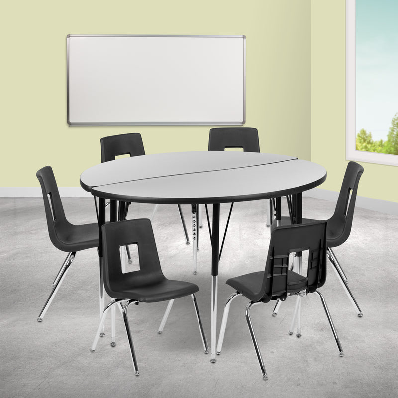 47.5" Circle Wave Flexible Laminate Activity Table Set with 16" Student Stack Chairs, Grey/Black