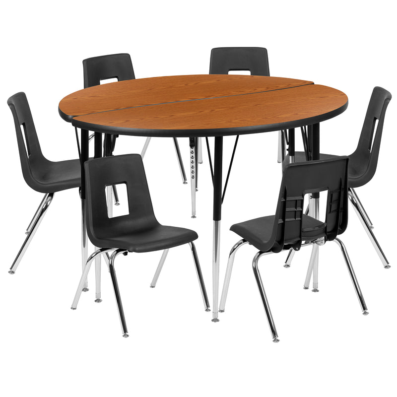 47.5" Circle Wave Flexible Laminate Activity Table Set with 16" Student Stack Chairs, Oak/Black