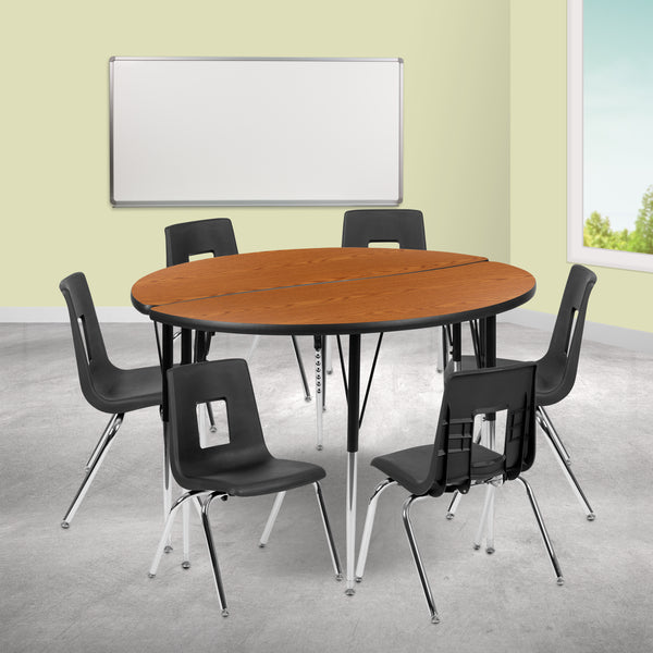 47.5" Circle Wave Flexible Laminate Activity Table Set with 16" Student Stack Chairs, Oak/Black