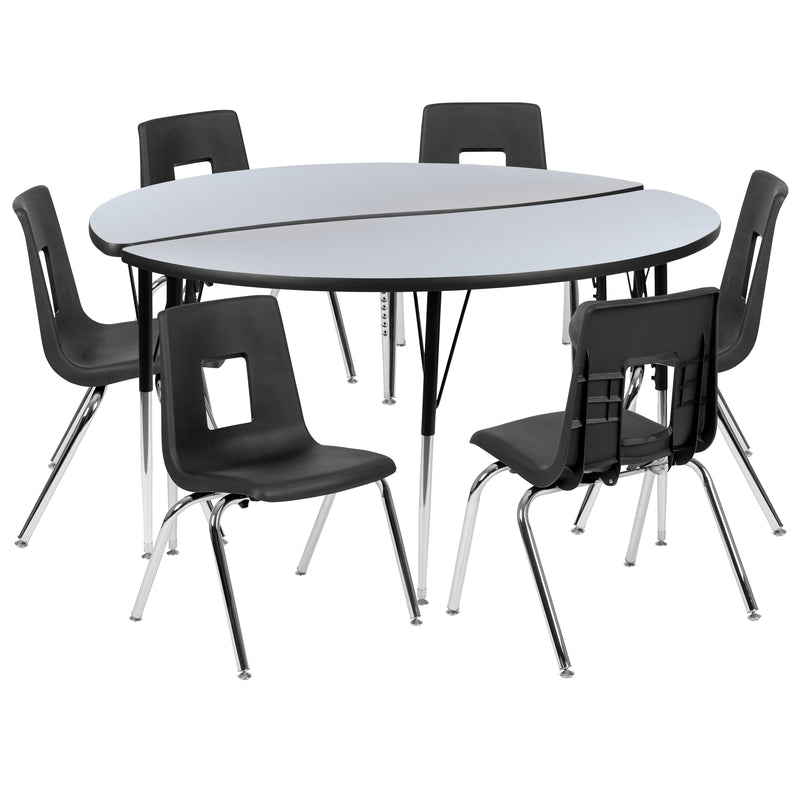 60" Circle Wave Flexible Laminate Activity Table Set with 16" Student Stack Chairs, Grey/Black