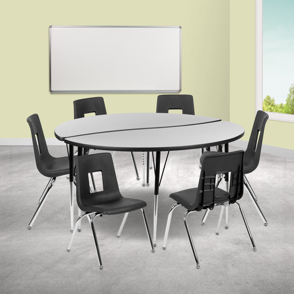 60" Circle Wave Flexible Laminate Activity Table Set with 16" Student Stack Chairs, Grey/Black