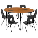Mobile 60" Circle Wave Flexible Laminate Activity Table Set with 16" Student Stack Chairs, Oak/Black