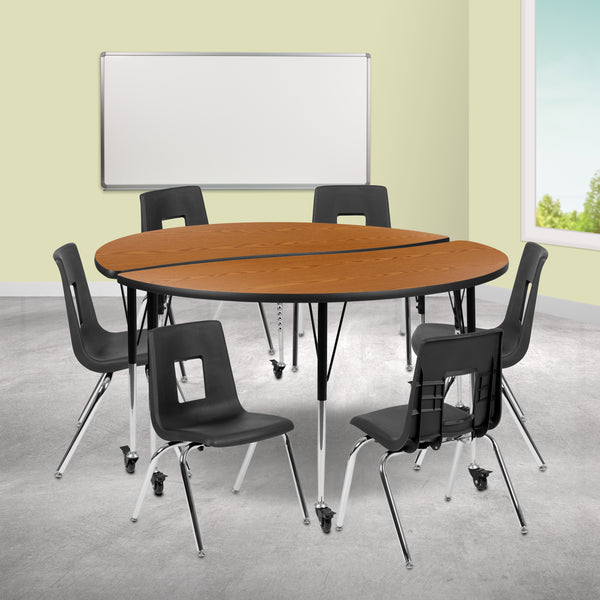 Mobile 60" Circle Wave Flexible Laminate Activity Table Set with 16" Student Stack Chairs, Oak/Black