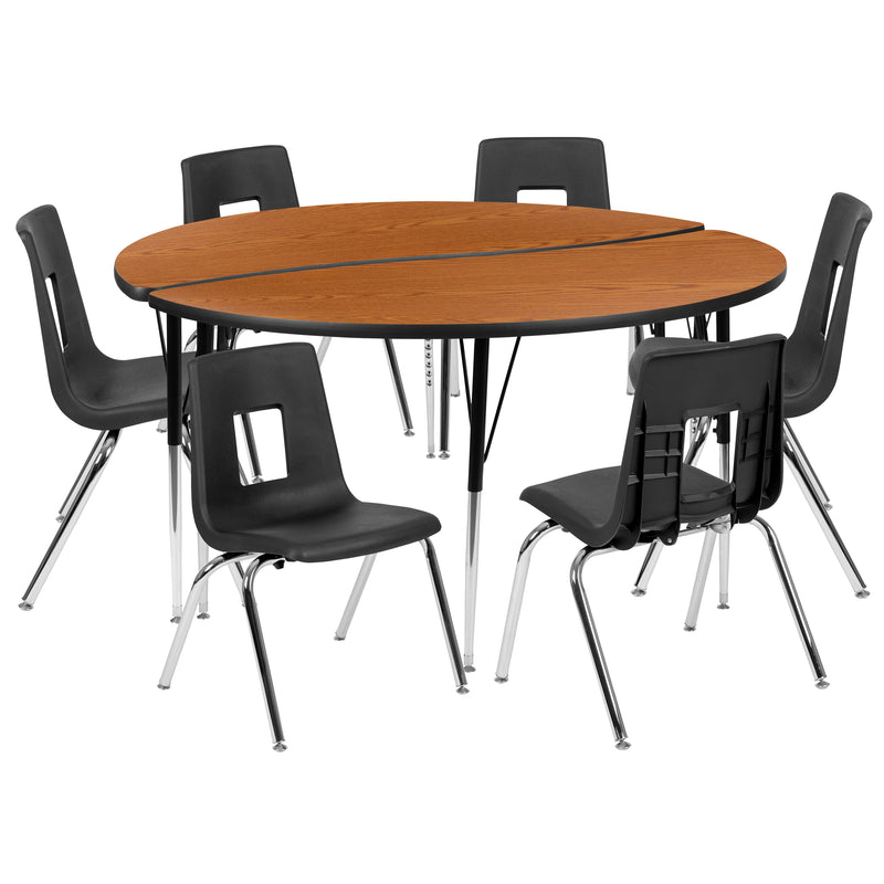 60" Circle Wave Flexible Laminate Activity Table Set with 16" Student Stack Chairs, Oak/Black