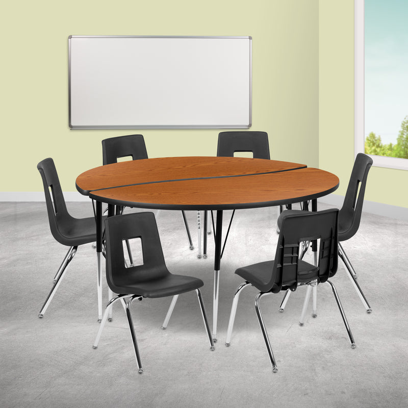 60" Circle Wave Flexible Laminate Activity Table Set with 16" Student Stack Chairs, Oak/Black