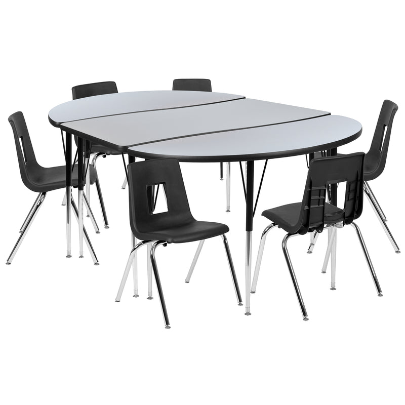 76" Oval Wave Flexible Laminate Activity Table Set with 18" Student Stack Chairs, Grey/Black