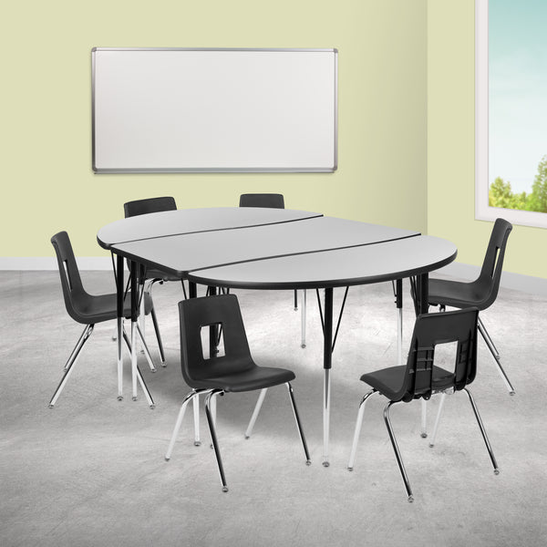 76" Oval Wave Flexible Laminate Activity Table Set with 18" Student Stack Chairs, Grey/Black