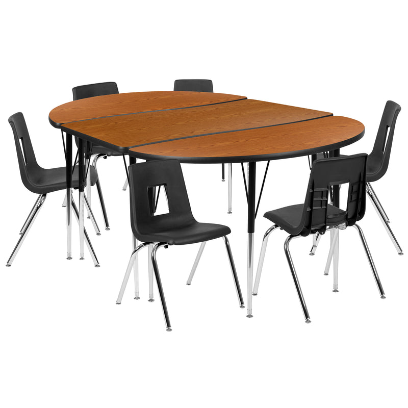 76" Oval Wave Flexible Laminate Activity Table Set with 18" Student Stack Chairs, Oak/Black