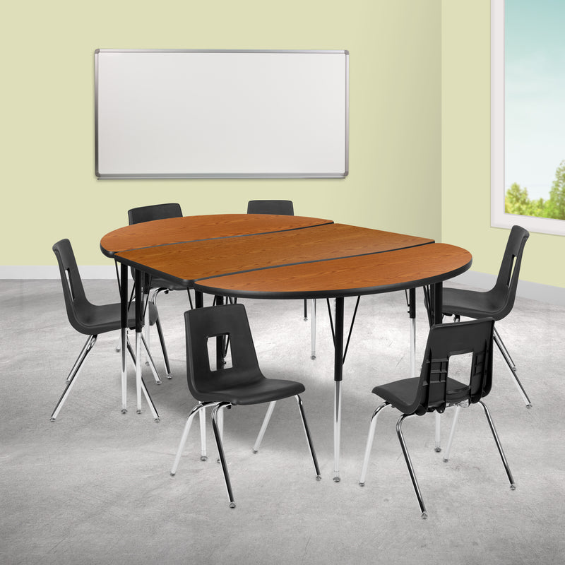 76" Oval Wave Flexible Laminate Activity Table Set with 18" Student Stack Chairs, Oak/Black